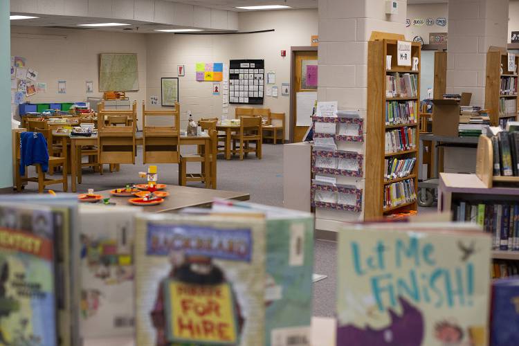 A first grade classroom is set up in the library at Dothan Brook School in White River Junction, Vt., on Tuesday, Oct. 8, 2024. The students are expected to be back in their first-floor classroom by the end of the week. (Valley News - Alex Driehaus)